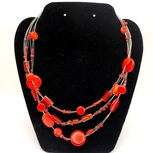 Vintage Red Multi Strand Beaded Necklace – Bold Statement Jewelry